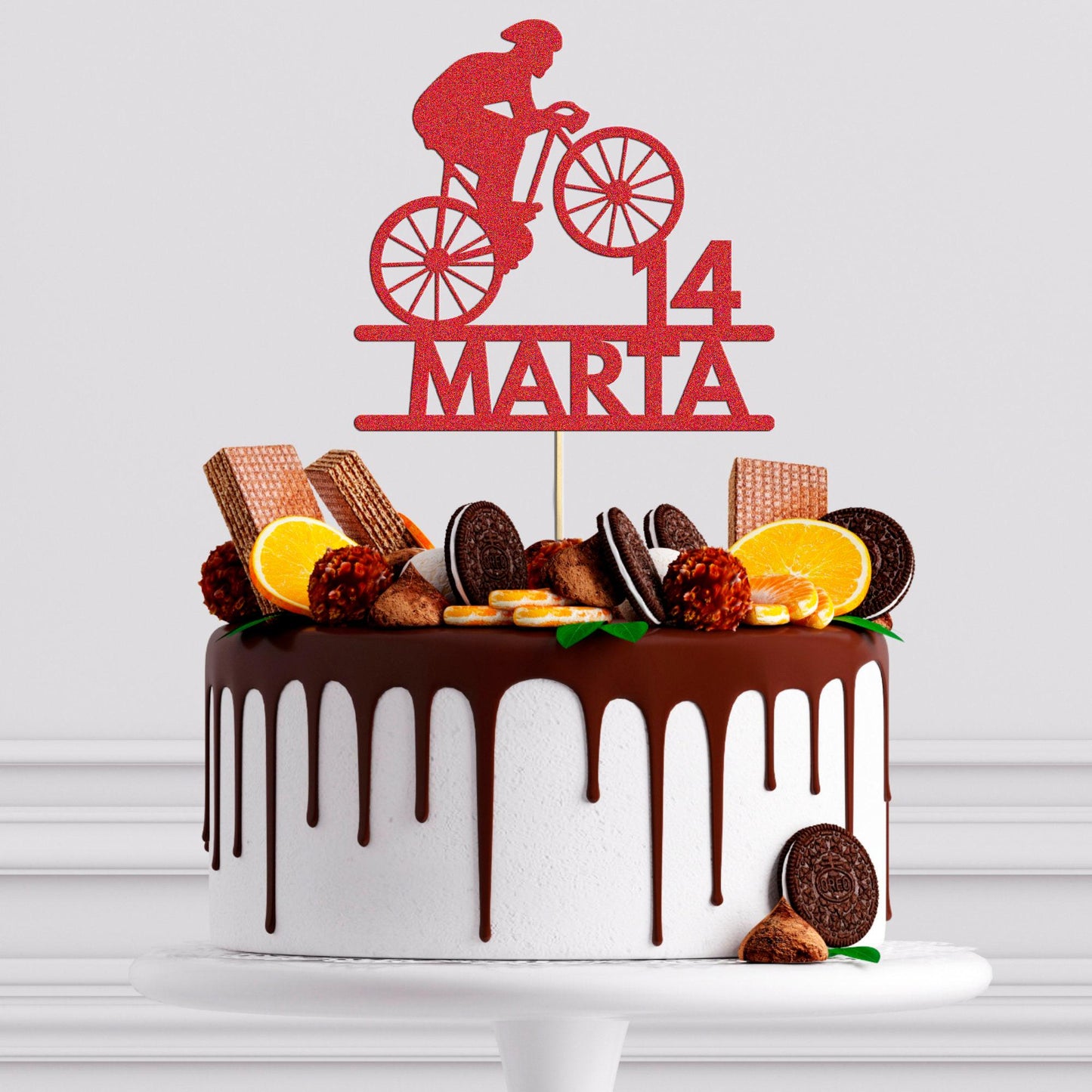 Personalised Bicycle Cake Topper: Glitter Cyclist Birthday Decoration