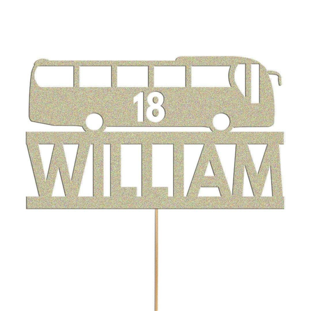 Personalised Glitter Bus Cake Topper: Custom Name & Age