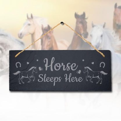 Horse Sleeps Here Laser Engraved Hanging Slate Horse Shed Pet Animal Plaque Sign