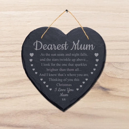 Dearest Mum The Sun Seats Laser Engraved Hanging Memorial Heart Shape Slate Sign