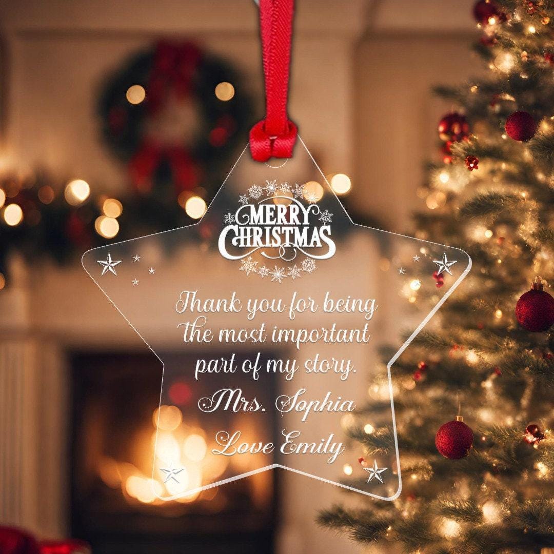 Personalised Star Hanging Christmas Bauble Teacher Ornament Custom Name Xmas Keepsake Gift