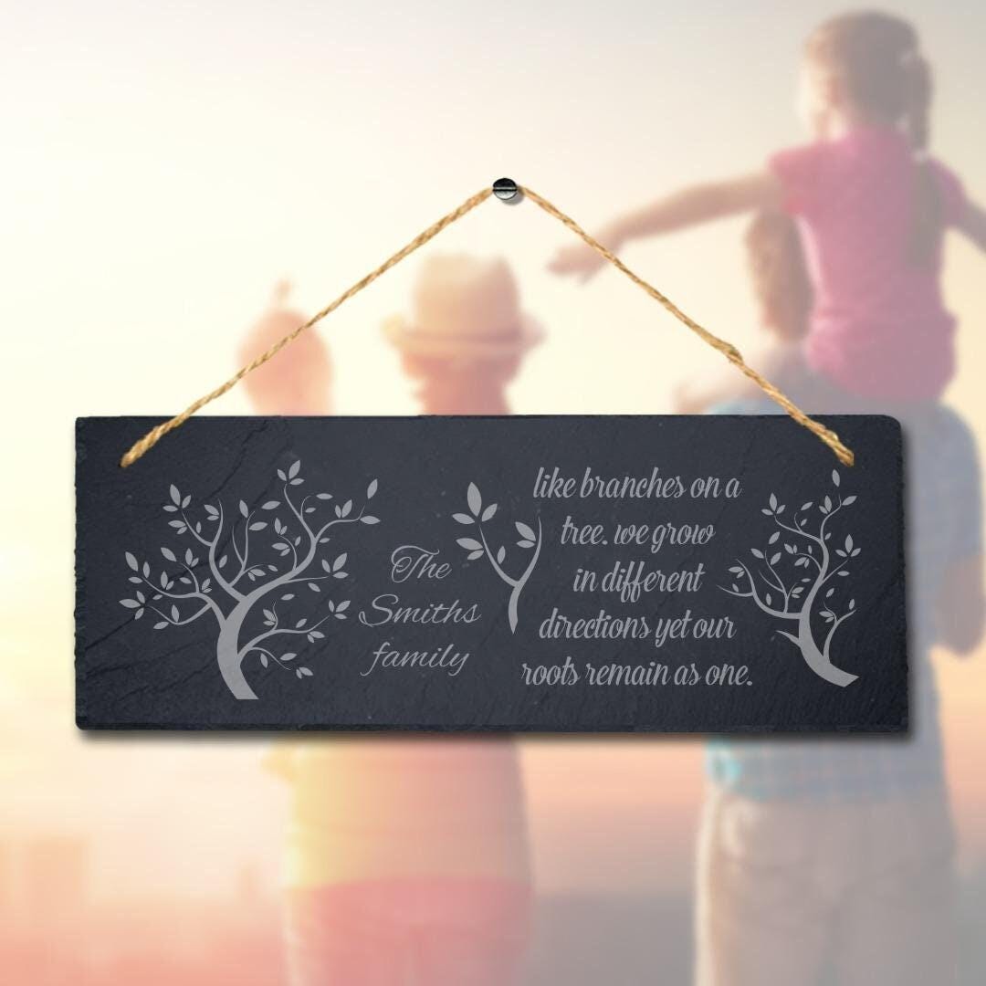 Personalised Family Name Branches Tree Grow Hanging Slate Engraved Wall Art Sign