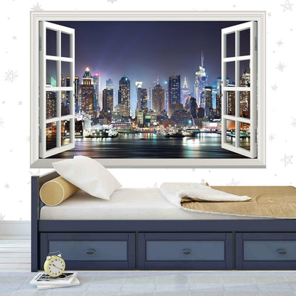 New York City Skyline Wall Sticker: 3D Window View Vinyl Decal