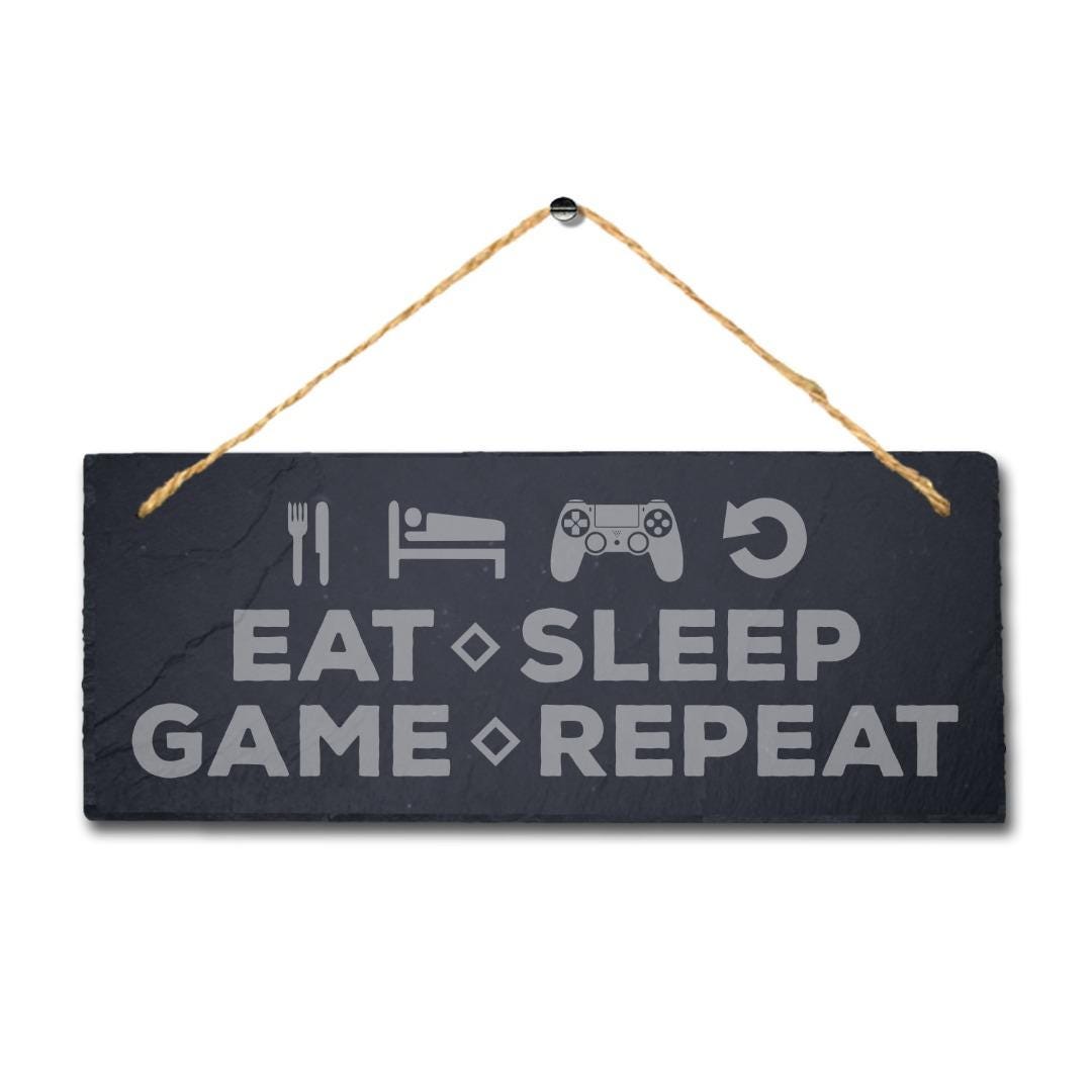 Eat Sleep Game Repeat Laser Engraved Hanging Slate Gamer Room Funny Plaque Sign