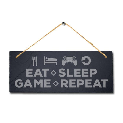Eat Sleep Game Repeat Laser Engraved Hanging Slate Gamer Room Funny Plaque Sign