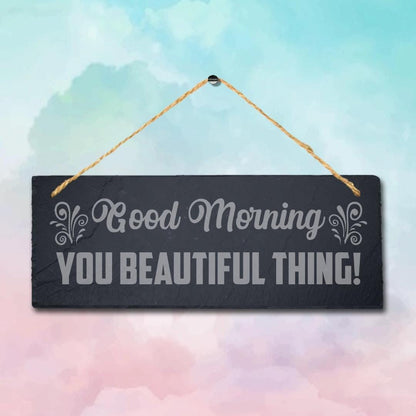 Good Morning Slate Sign: Engraved Wall Art with Jute Rope