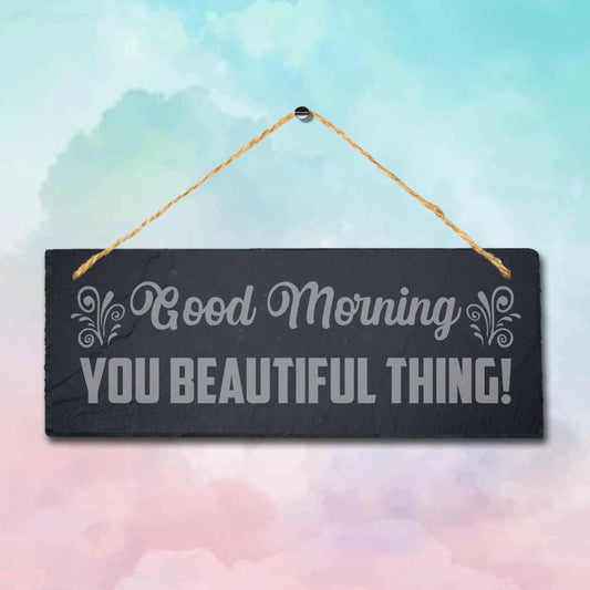 Good Morning Slate Sign: Engraved Wall Art with Jute Rope