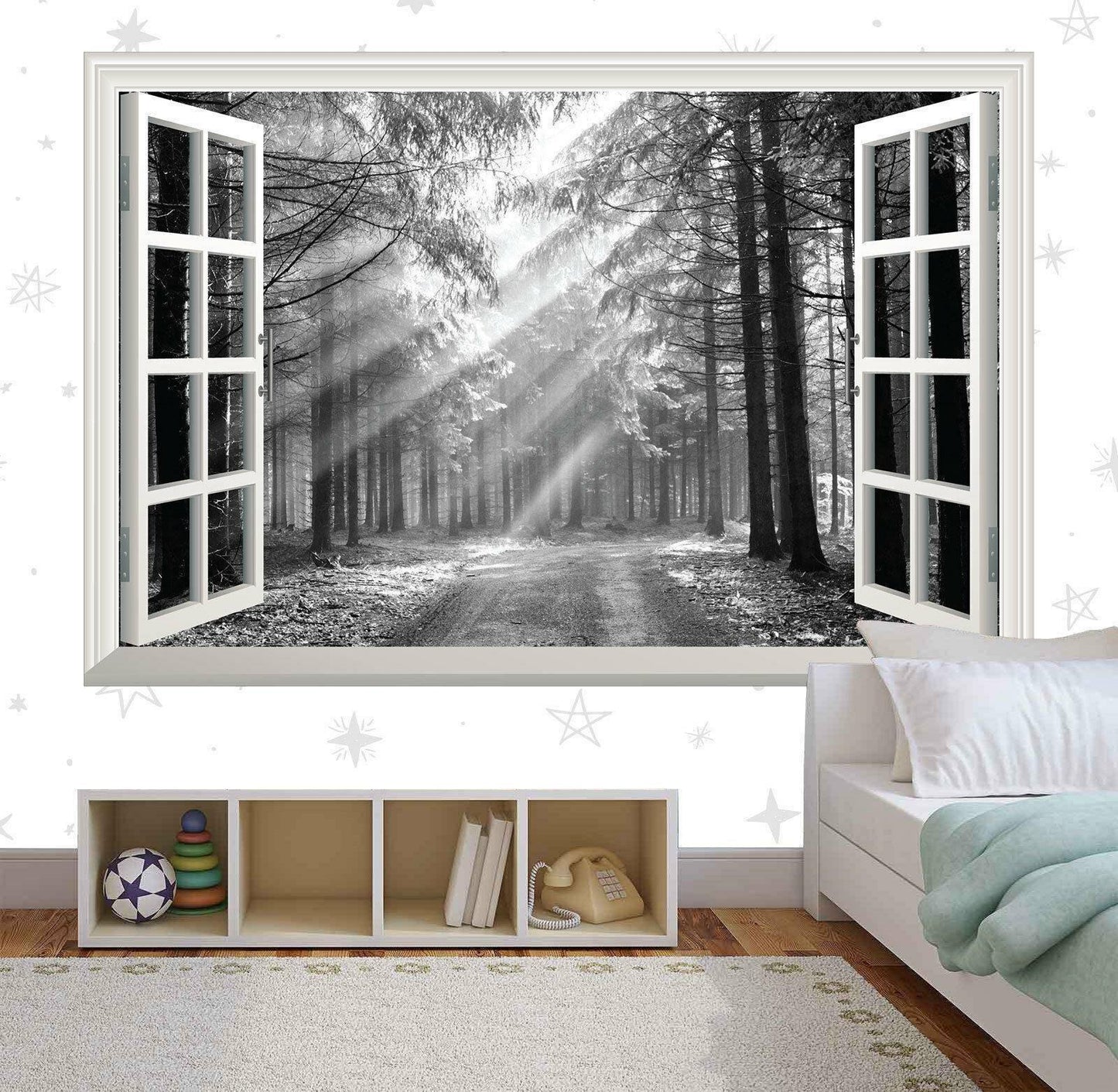 3D Forest Window View Wall Decal: Black & White Sunrise Mural