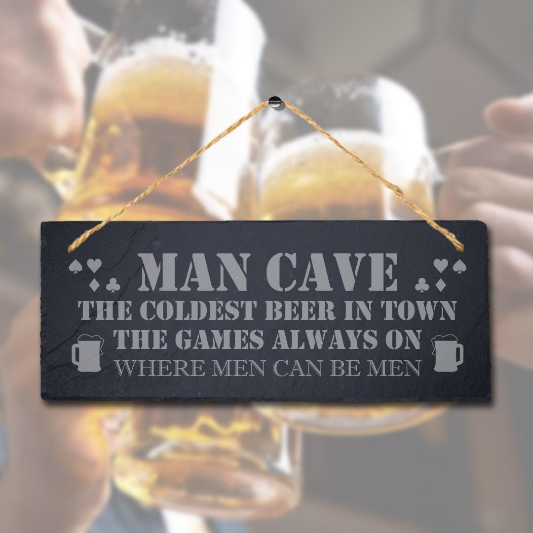 Man Cave The Coldest Beer In Laser Engraved Hanging Slate Pub Shed Plaque Sign