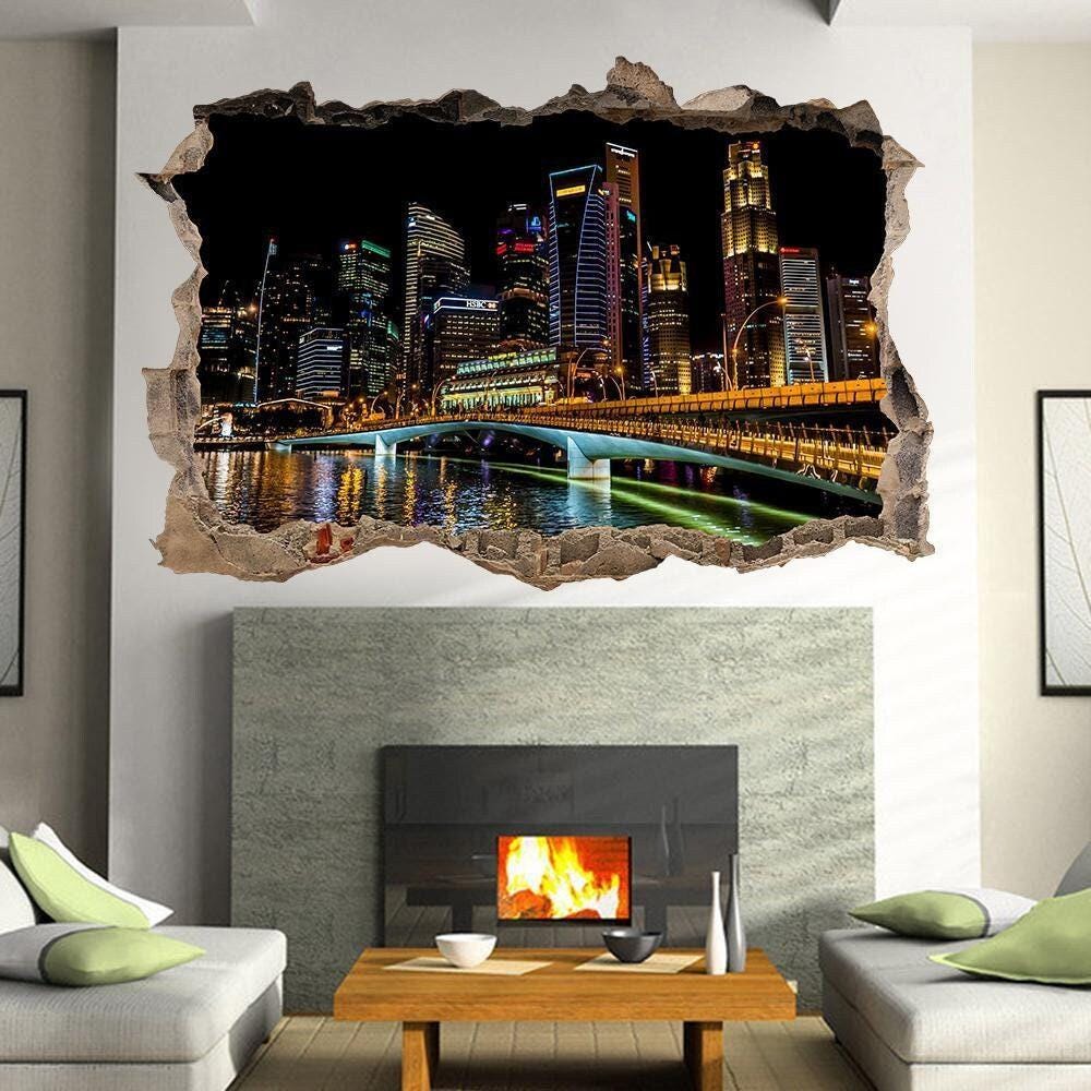 Singapore Skyline Wall Sticker: 3D Window Night View Mural