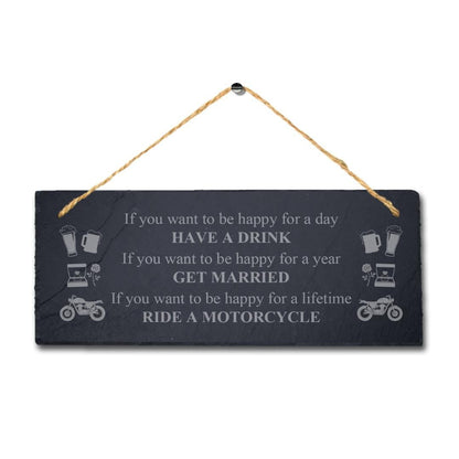Laser Engraved Slate Plaque: Happy Life Motorcycle Sign