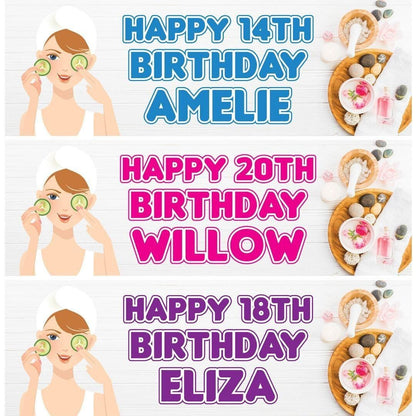 Personalised Spa Birthday Banner: Blue, Pink, Purple Party Decor (Set of 2)
