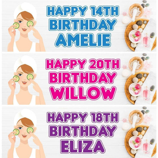 Personalised Spa Birthday Banner: Blue, Pink, Purple Party Decor (Set of 2)