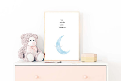 Moon Eyelashes Kids Boho Watercolour Hand Painted Effect Nursery Wall Art Poster