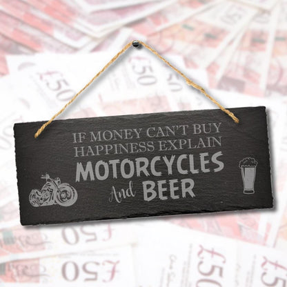 Motorbikes Beer Happiness Funny Hanging Slate Plaque Bar Garage Shed Gift Sign