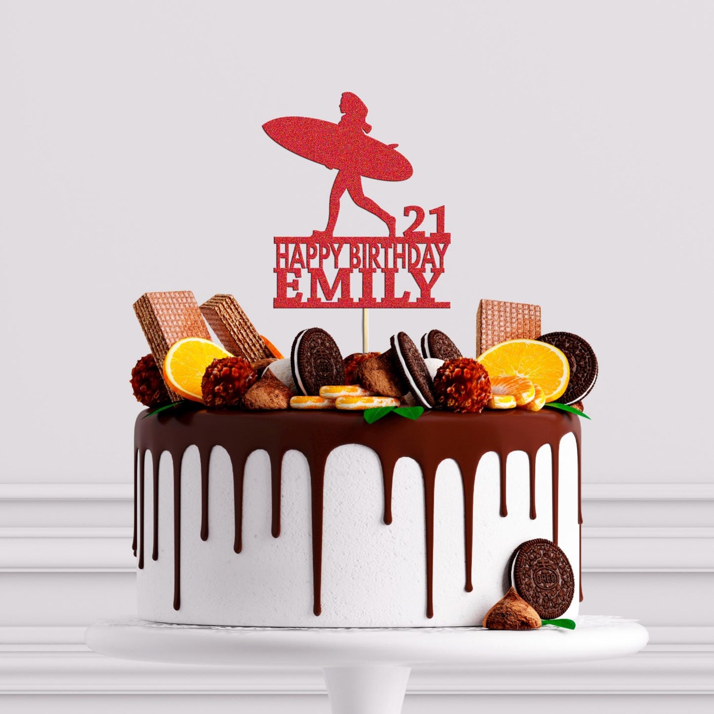 Personalised Surfboard Glitter Cake Topper: Girl's Birthday Decoration