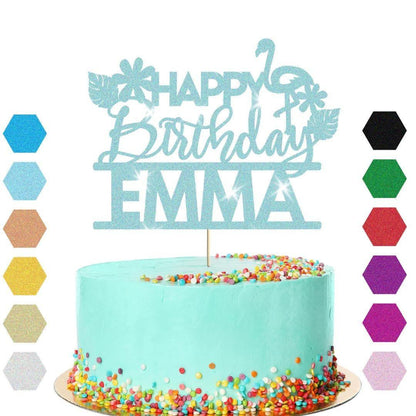Personalised Flamingo Glitter Happy Birthday Cake Topper Party Cake Decoration