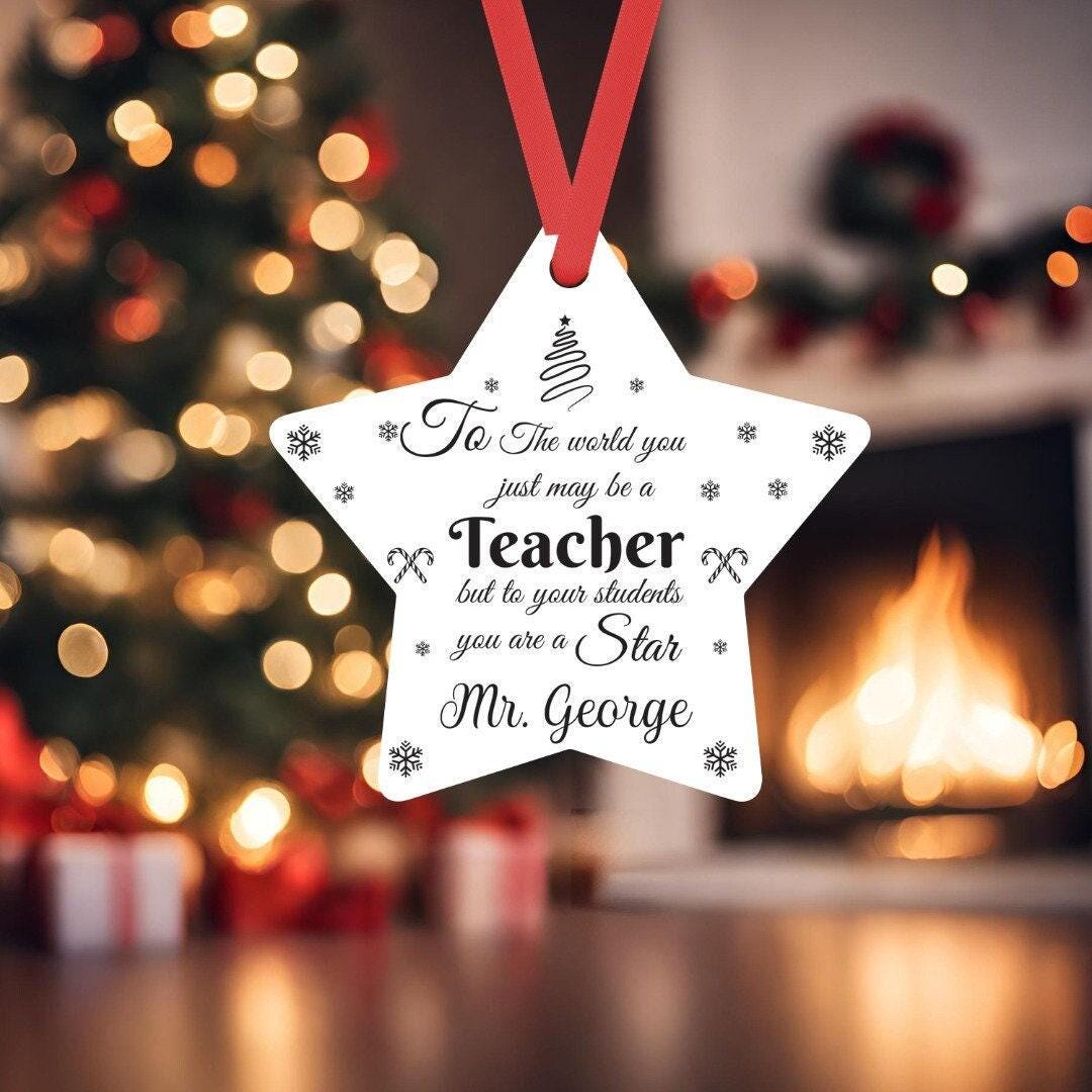 Personalised Star Hanging Christmas Tree Decoration Engraved Teacher Bauble Xmas Gift