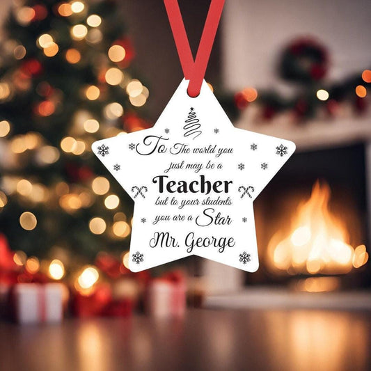 Personalised Star Hanging Christmas Tree Decoration Engraved Teacher Bauble Xmas Gift