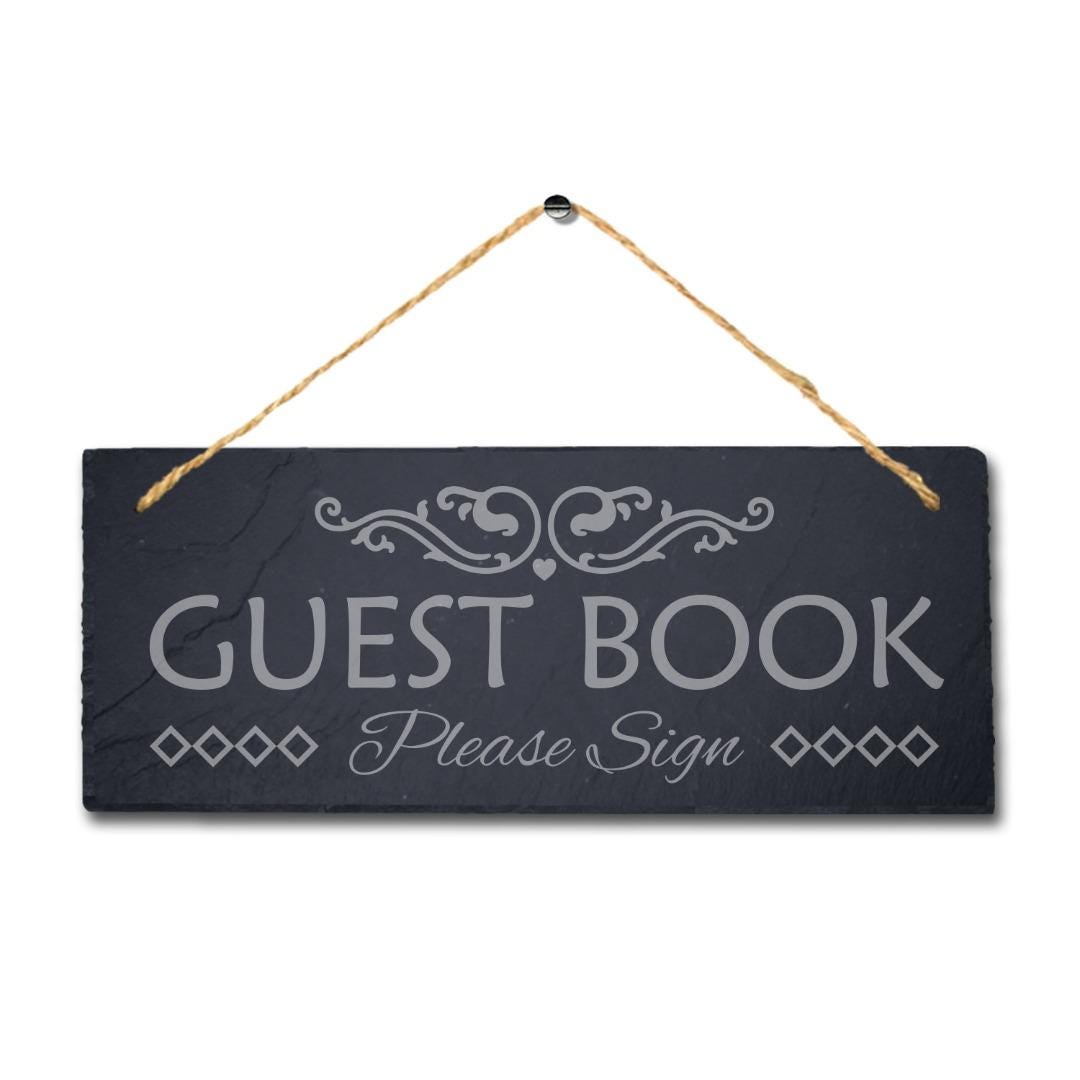 Guest Book Engraved Hanging Rustic Slate Wedding Album Christening Plaque Sign