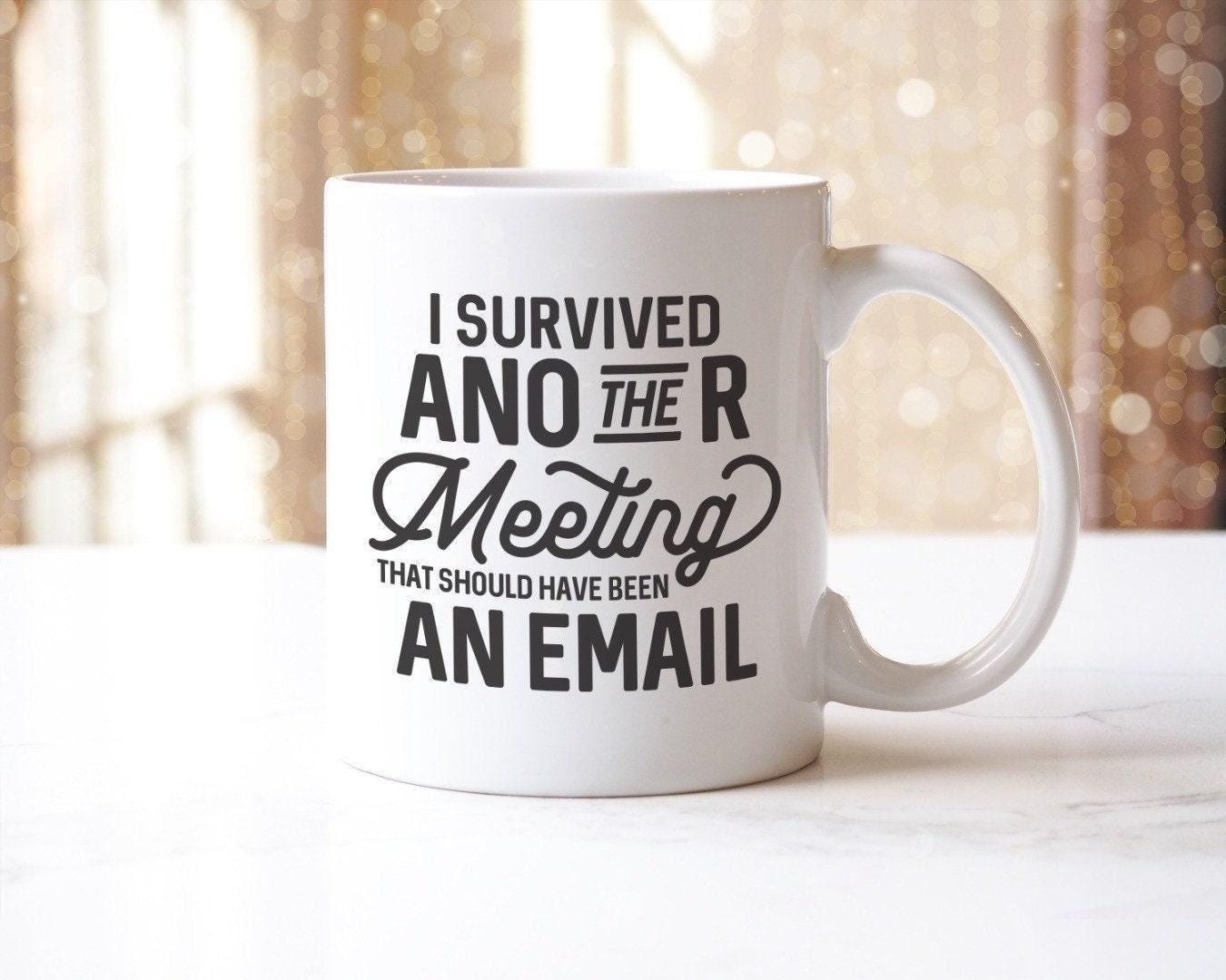Funny Office Mug & Coaster Set: I Survived Another Meeting