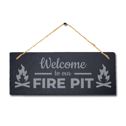 Welcome To Our Fire Pit Laser Engraved Hanging Slate Shelter Plaque Camping Sign