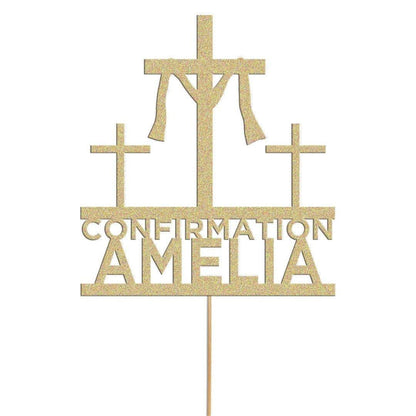 Personalised Glitter Cross Cake Topper: Confirmation Decoration