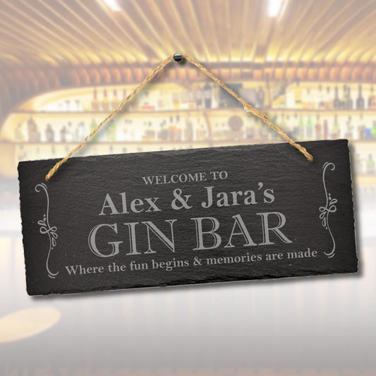 Personalised Welcome To Gin Bar Engraved Hanging Drinking Gift Slate Plaque Sign