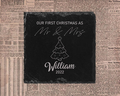 Personalised First Christmas As Mr Mrs Slate Coasters Name Laser Engraved Gift