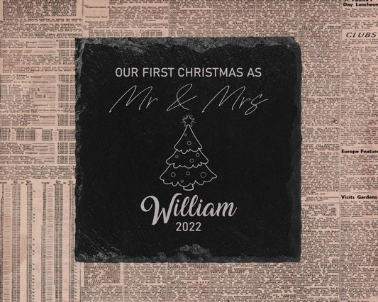 Personalised First Christmas As Mr Mrs Slate Coasters Name Laser Engraved Gift