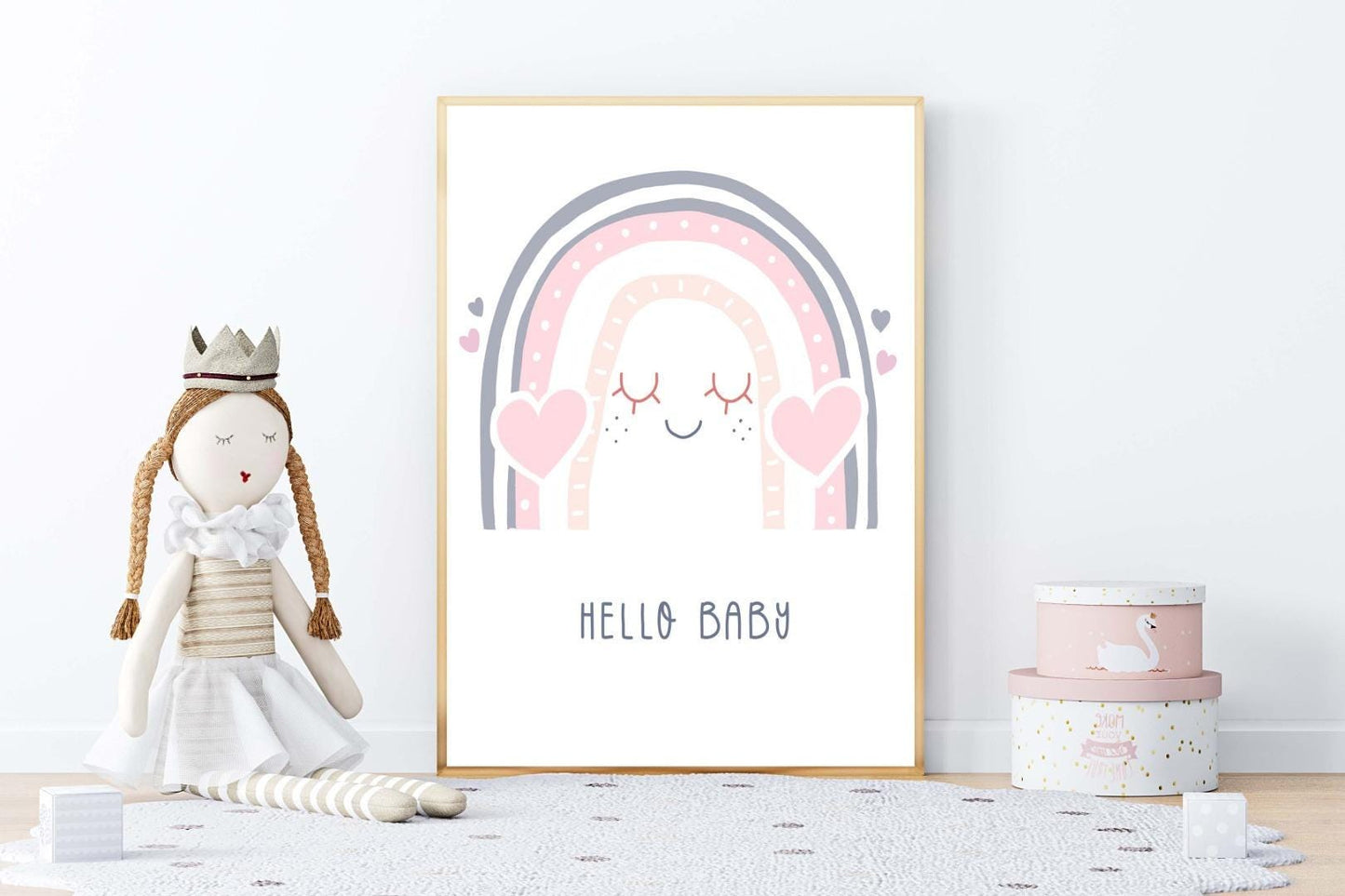 Baby Girls Boho Watercolour Hand Painted Effect Rainbow Nursery Wall Art Poster