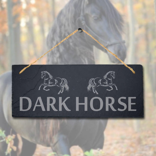 Dark Horse Laser Engraved Hanging Slate Horse Shed Decor Pet Animal Plaque Sign