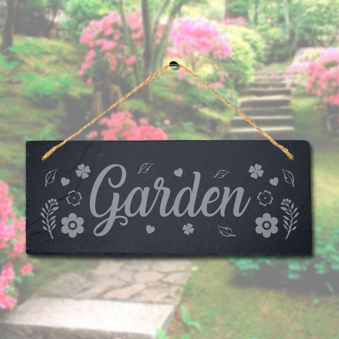Garden Flowers Pattern Laser Engraved Hanging Slate Home Decor Plaque Sign