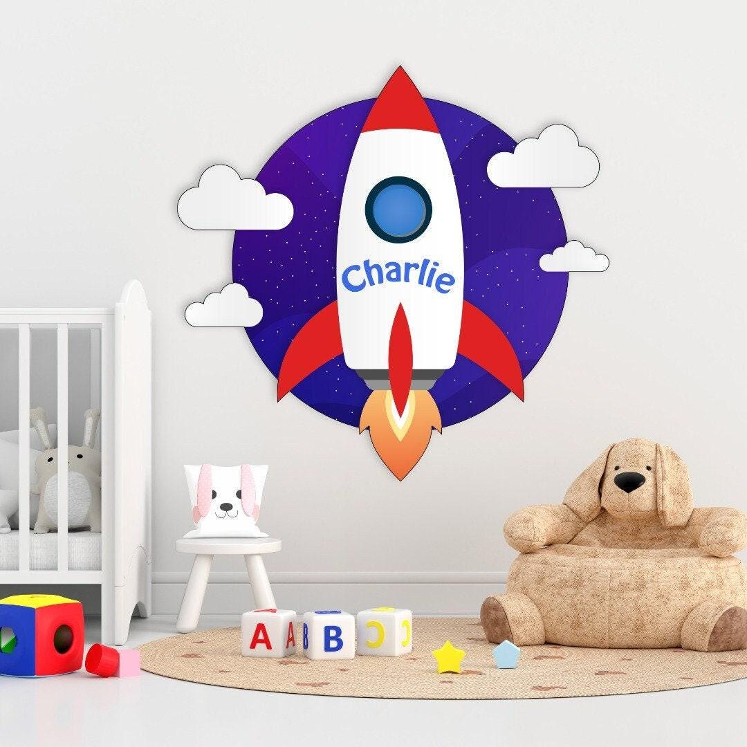 Personalised Rocket Vinyl Wall Decal - Boys Bedroom Nursery Space Art