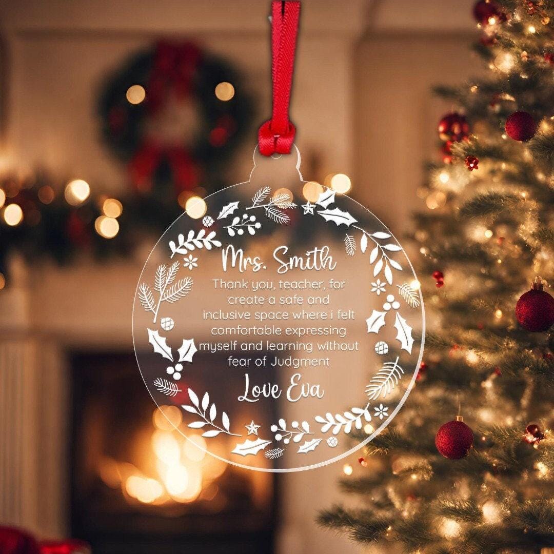 Personalised Christmas Bauble Hanging Tree Decor Teacher Ornament Round Xmas Keepsake Gift