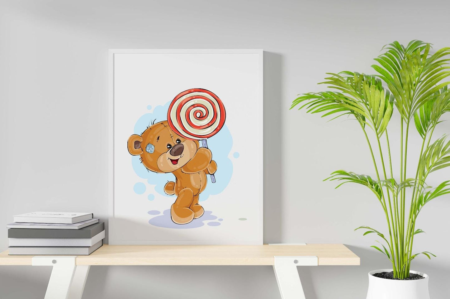 Cute Teddy Bear Holding Lolly Pop Nursery Wall Decor Art Poster Print