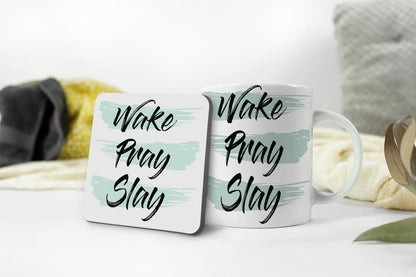 Wake Pray Slay Mug & Coaster Set Inspirational Birthday Christmas Coffee Gift
