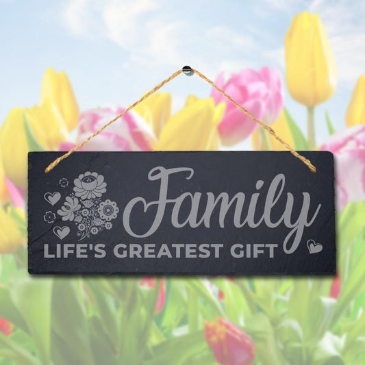 Family Life Greatest Gift Laser Engraved Hanging Slate Home Decor Plaque Sign