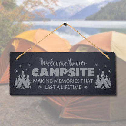 Campsite Memories Friends Fun Laser Engraved Hanging Slate Camping Plaque Sign