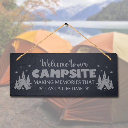 Campsite Memories Friends Fun Laser Engraved Hanging Slate Camping Plaque Sign