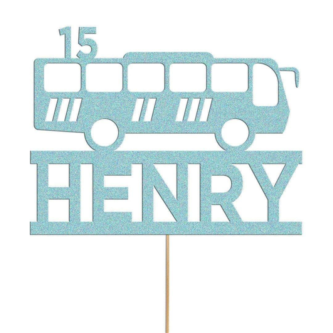 Personalized Glitter Bus Cake Topper: Custom Name & Age