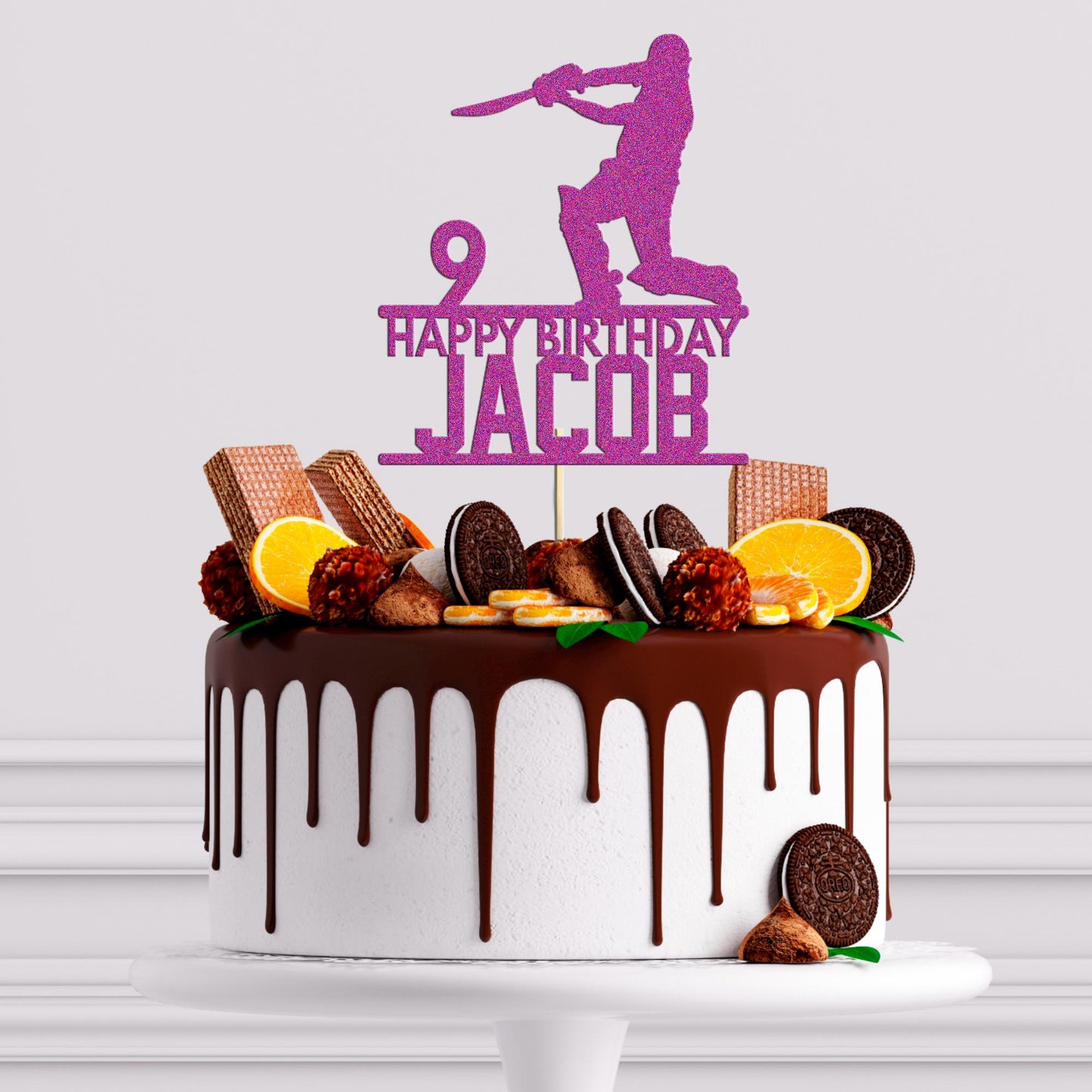 Personalised Glitter Cricket Birthday Cake Topper