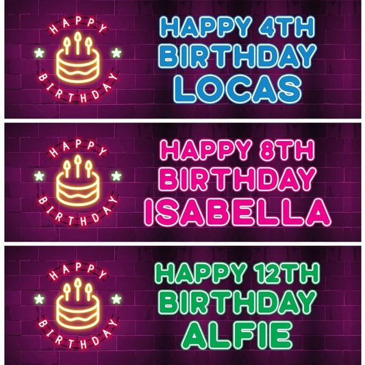 2 Personalised Retro Neon Light Birthday Celebration Banners Decoration Posters