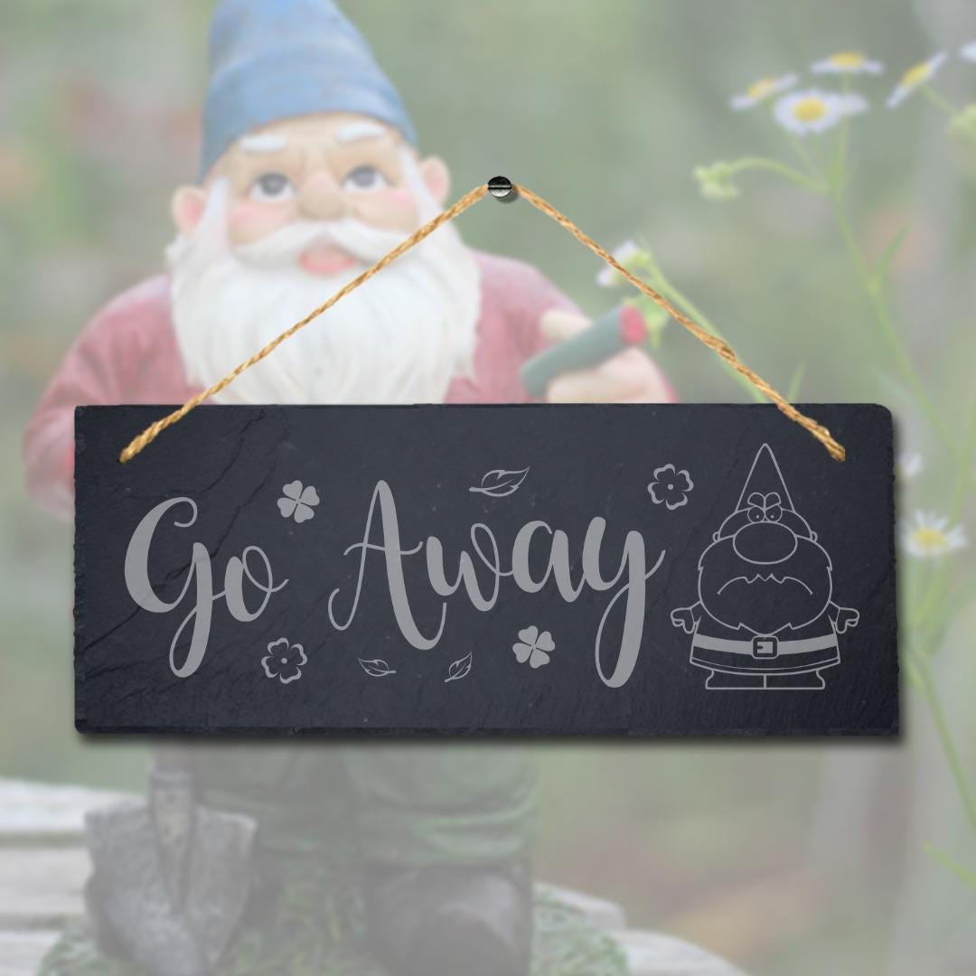 Go Away Angry Gnome Laser Engraved Hanging Slate Garden Home Decor Plaque Sign