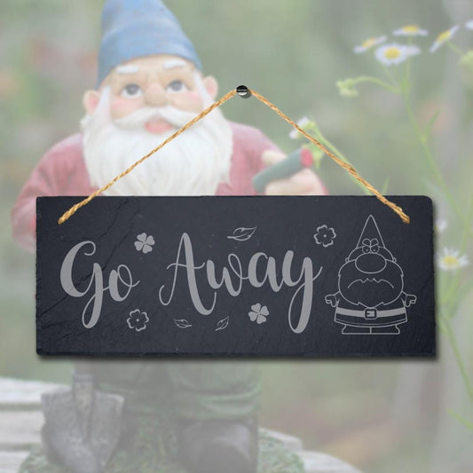 Go Away Angry Gnome Laser Engraved Hanging Slate Garden Home Decor Plaque Sign