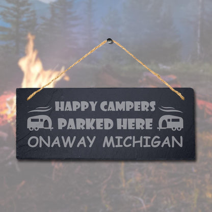 Happy Campers Parked Caravan Laser Engraved Hanging Slate Camping Plaque Sign