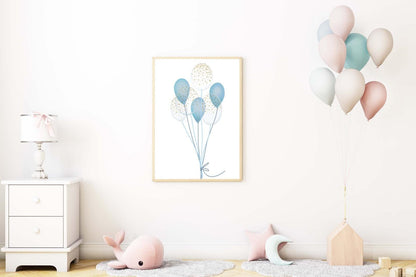 Blue Balloons Boys Boho Watercolour Hand Painted Effect Nursery Wall Art Poster