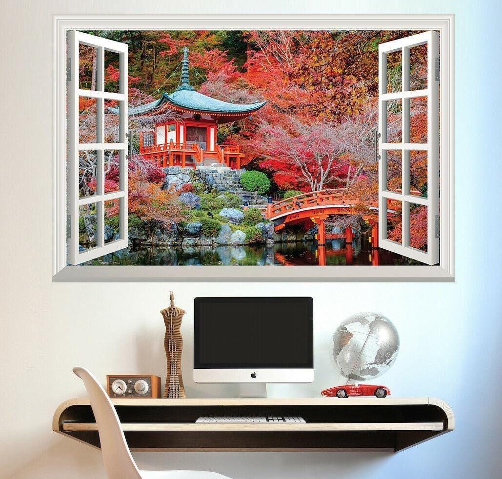 Japanese Temple 3D Window View Wall Decal: Scenic Nature Mural