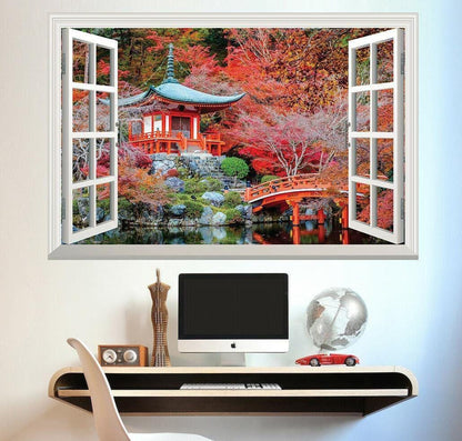 Japanese Temple 3D Window View Wall Decal: Scenic Nature Mural