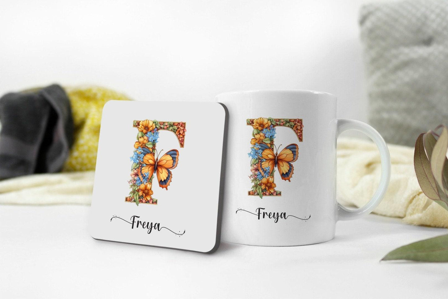 Personalised Floral Initial Mug & Coaster Set: Monogram Tea Cup Gift